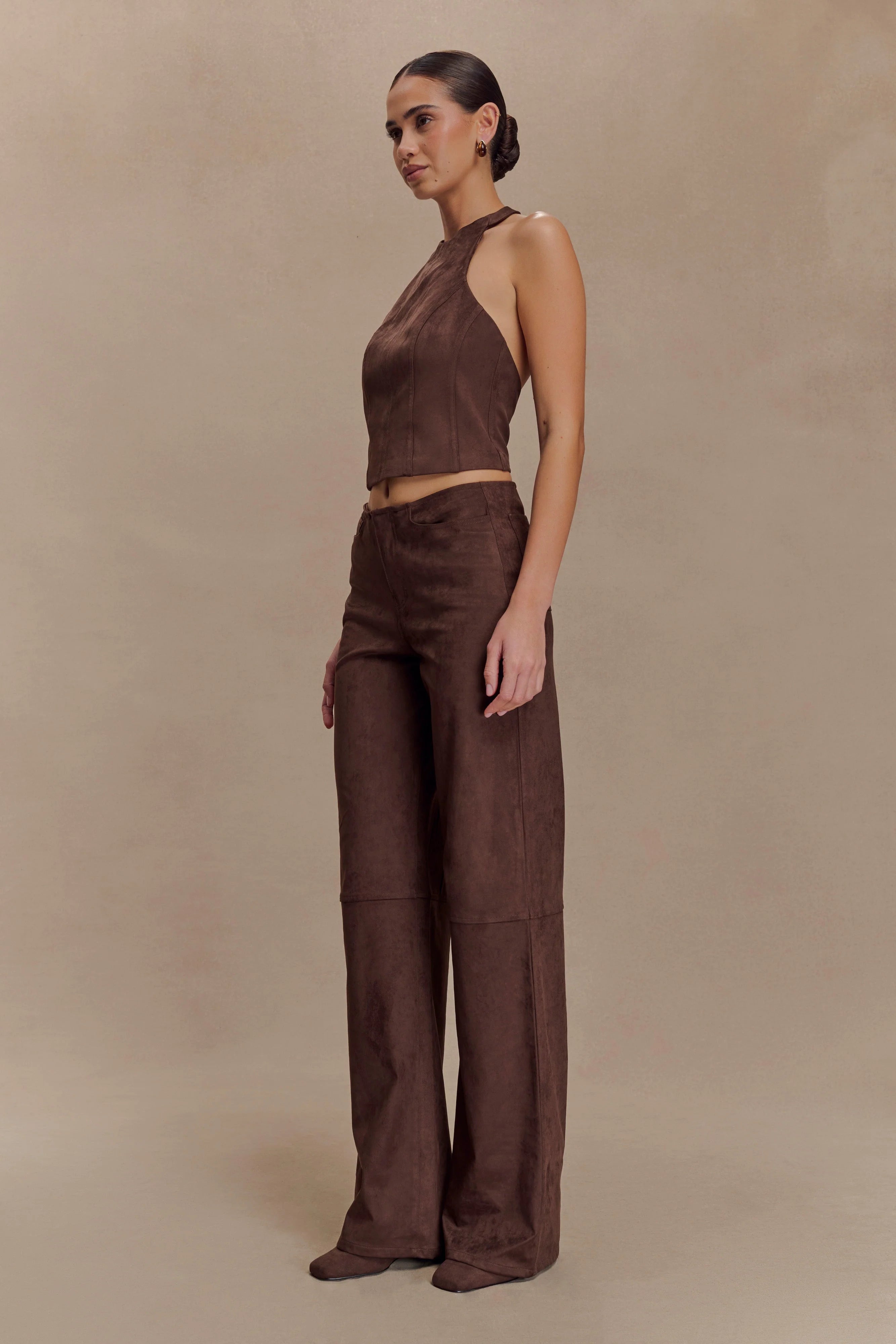 Logan Faux Suede Halter Top Dark Chocolate