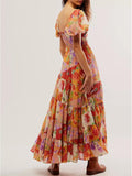 Women Floral Maxi Dress Short Puff Sleeve V Neck Bohemian Flowy Dress Smocked Casual Spring Summer Dresses