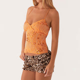 Women Sequin Beaded Cami Top V Neck Backless Criss Cross Straps Crop Tops Summer Going Out Clubwear