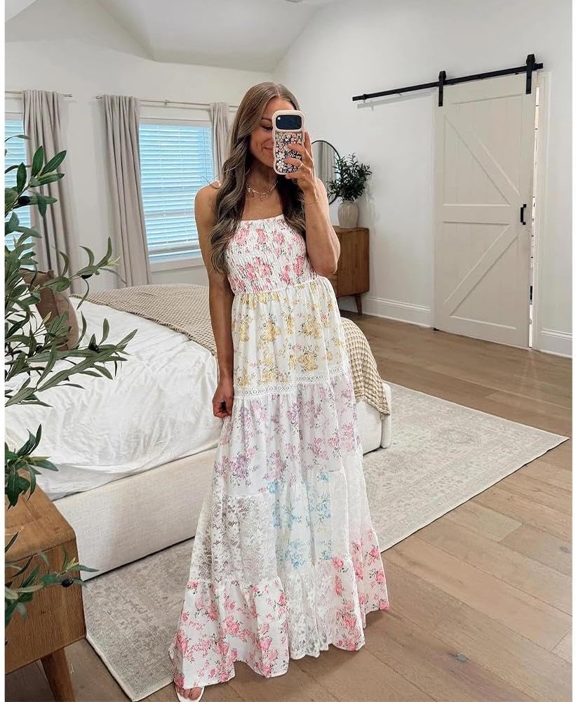 Women Floral Maxi Dress Smocked Spaghetti Strap Lace Patchwork Tiered Boho Long Dress Vacation Garden Party