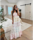 Women Floral Maxi Dress Smocked Spaghetti Strap Lace Patchwork Tiered Boho Long Dress Vacation Garden Party