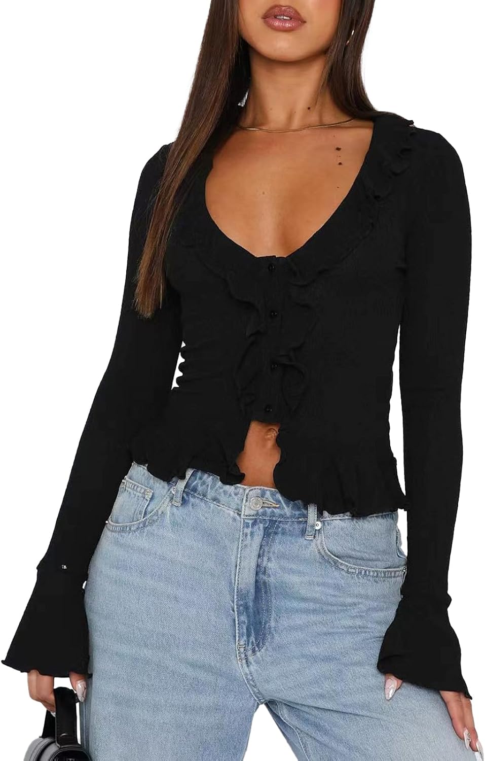 Women Going Out Tops Ruffle Trim Button Front V Neck Flared Sleeve Shirt Y2k Crop Top