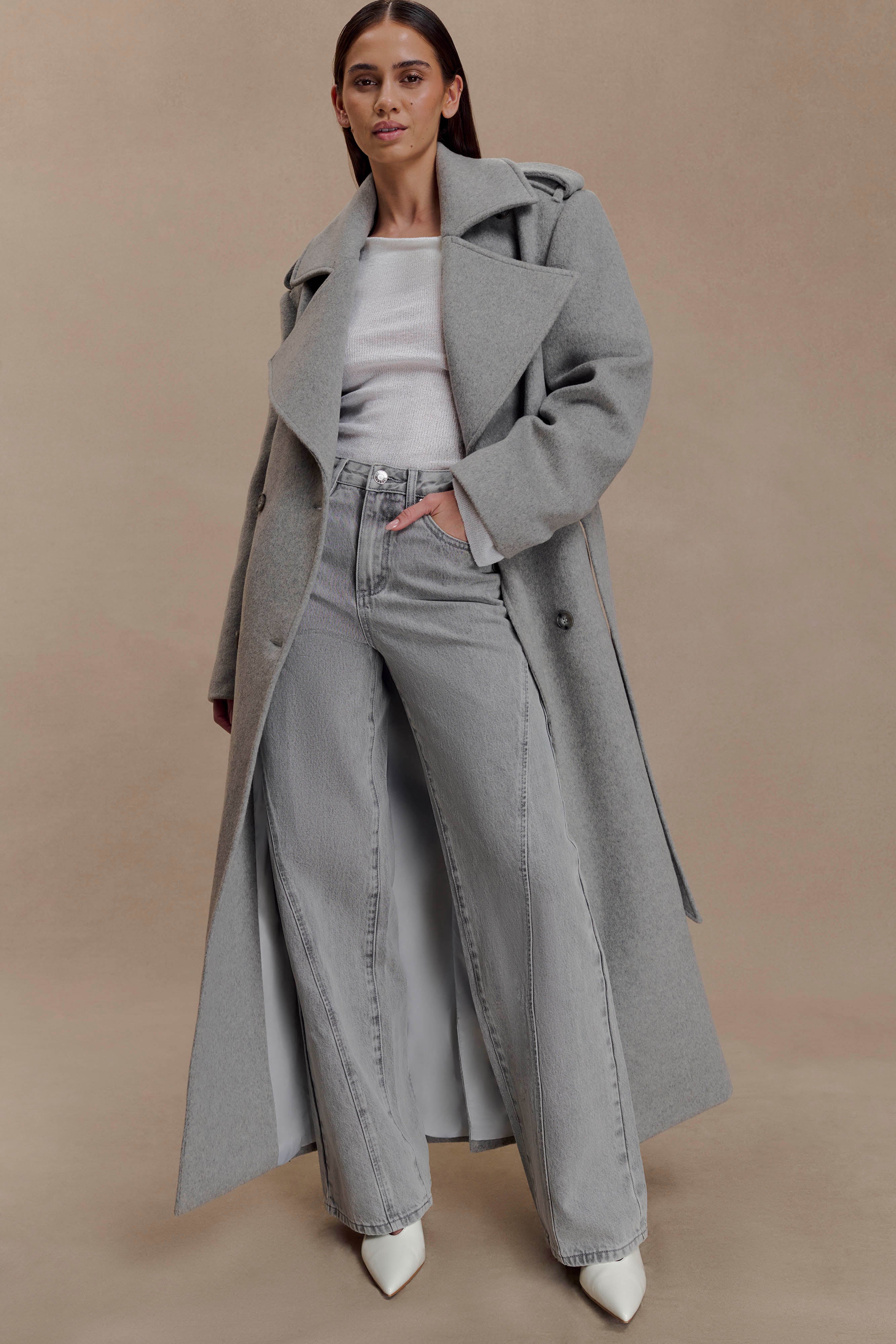 Levi Long Trench Wool Coat Grey Marle