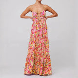 Women Floral Maxi Dress Tie Front Cut Out Backless Boho Spaghetti Strap Summer Beach Sundress
