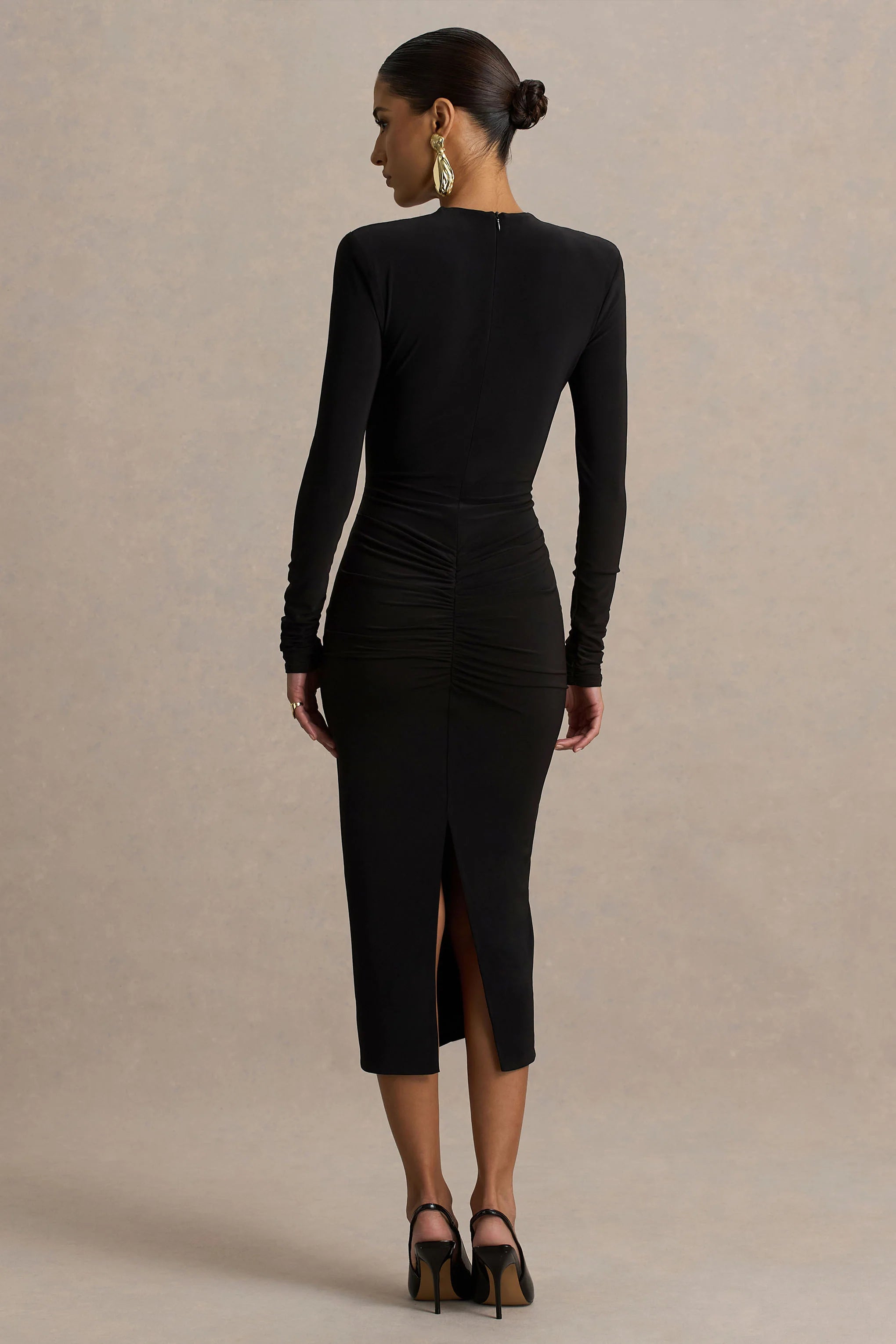 Ivara Black Plunge Neck Midi Dress With Ruched Detailing And Sash