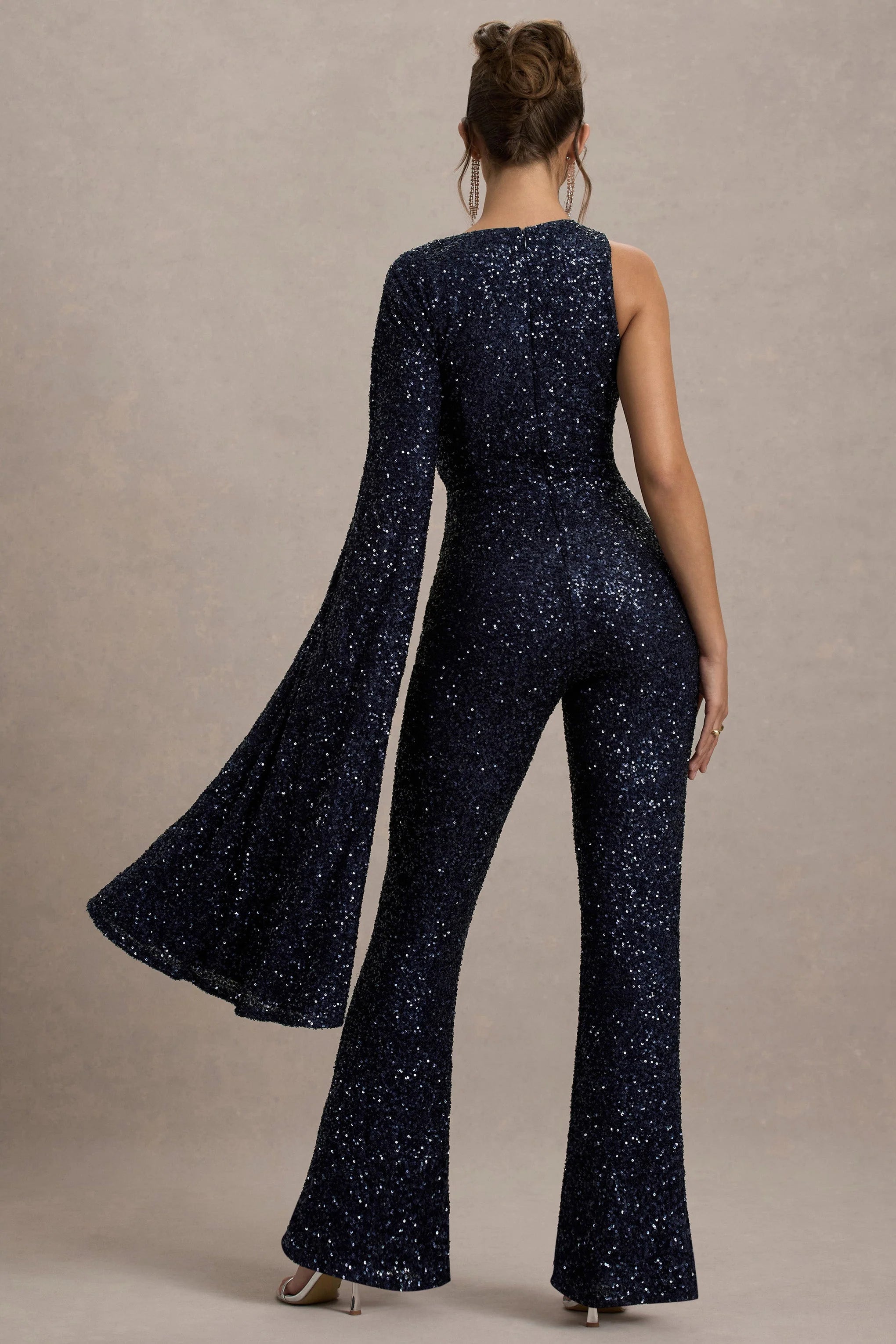 Star Seeker Navy Sequin One Shoulder Cape Sleeve Jumpsuit