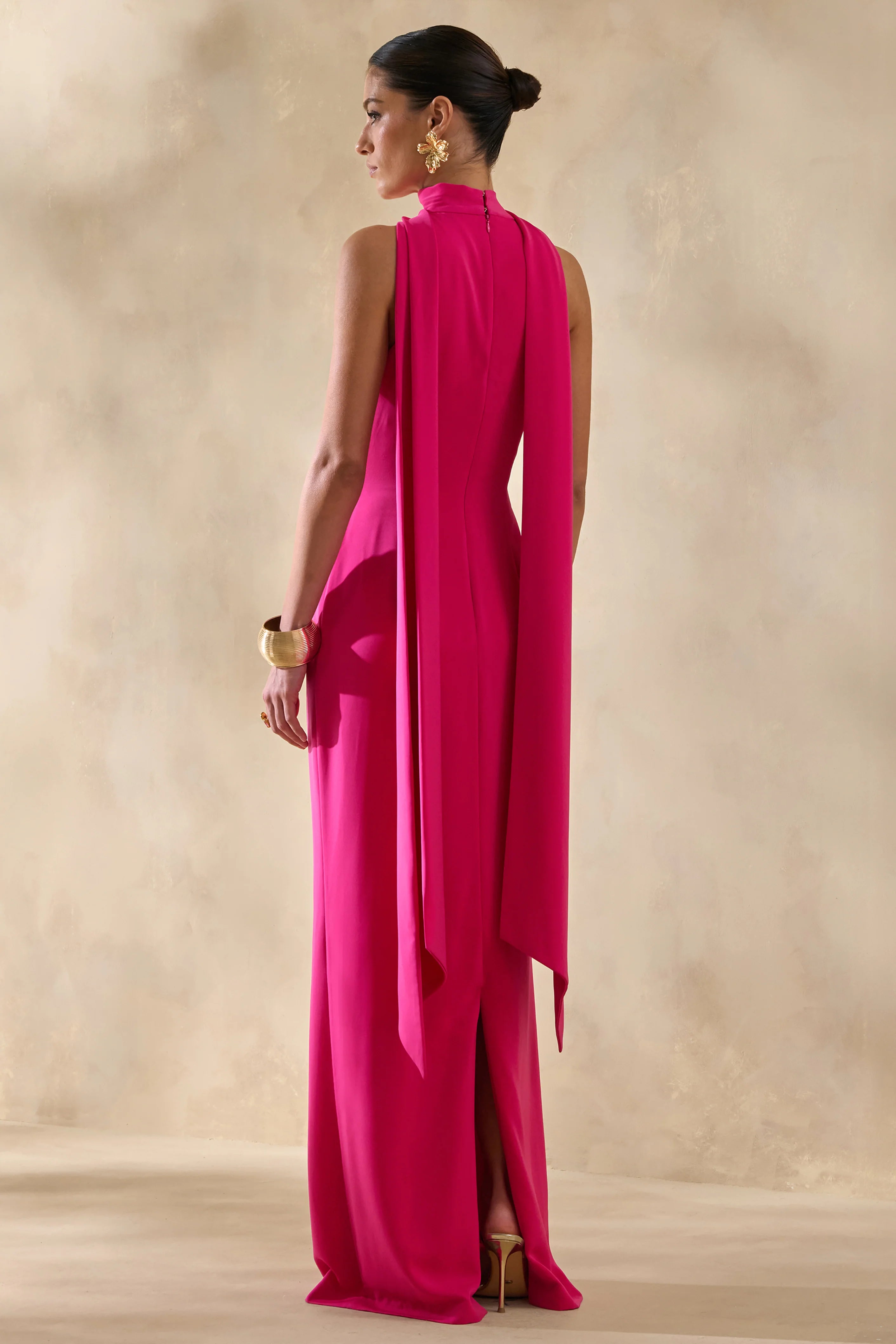 True Icon Hot Pink Satin High Neck Maxi Slip Dress With Sash