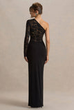 Melody Black Asymmetric Neck Maxi Dress With Lace Detailing And Front High Split