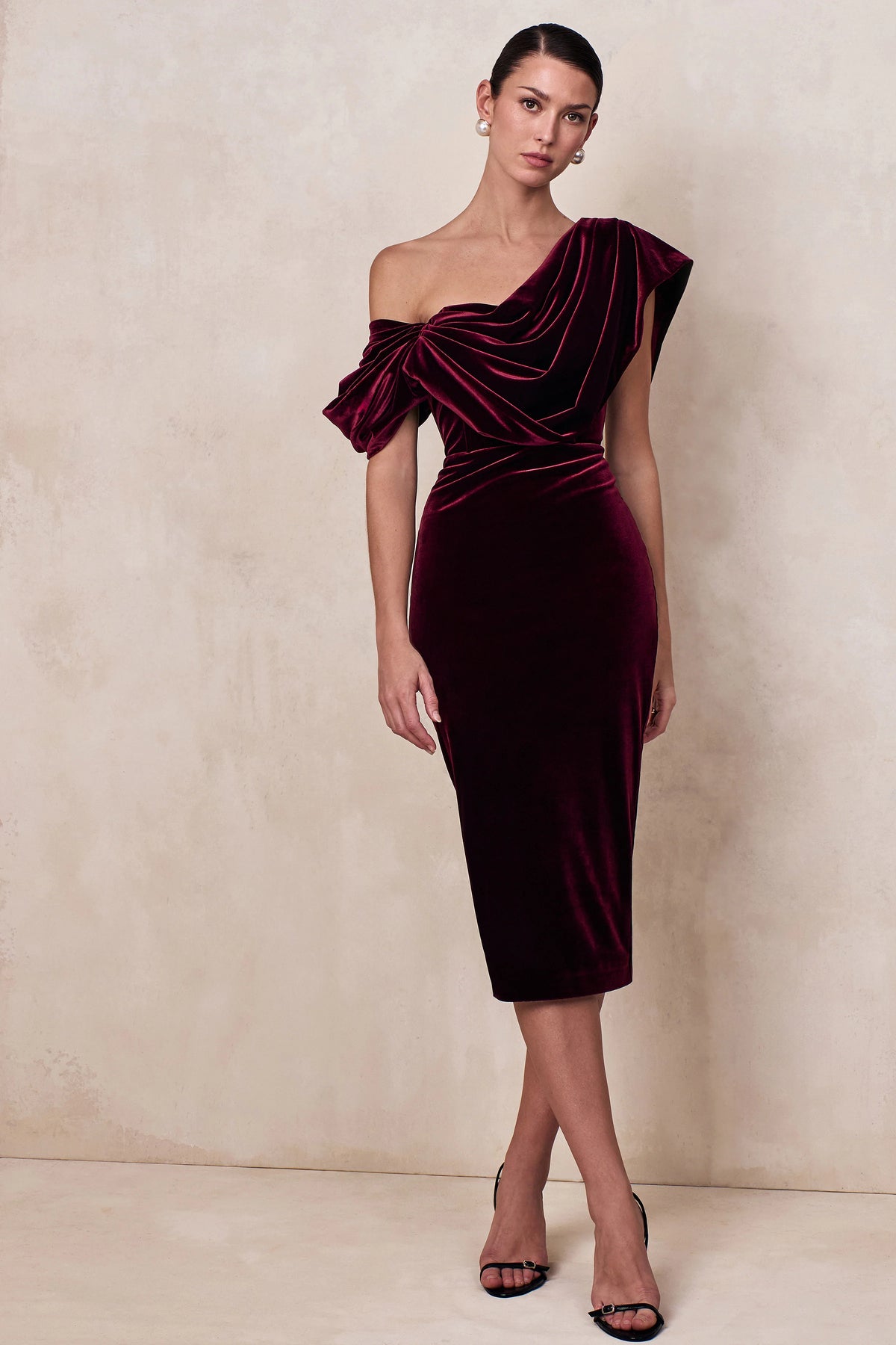 High End Burgundy Velvet Asymmetric Neck Midi Dress With Draped Detailing