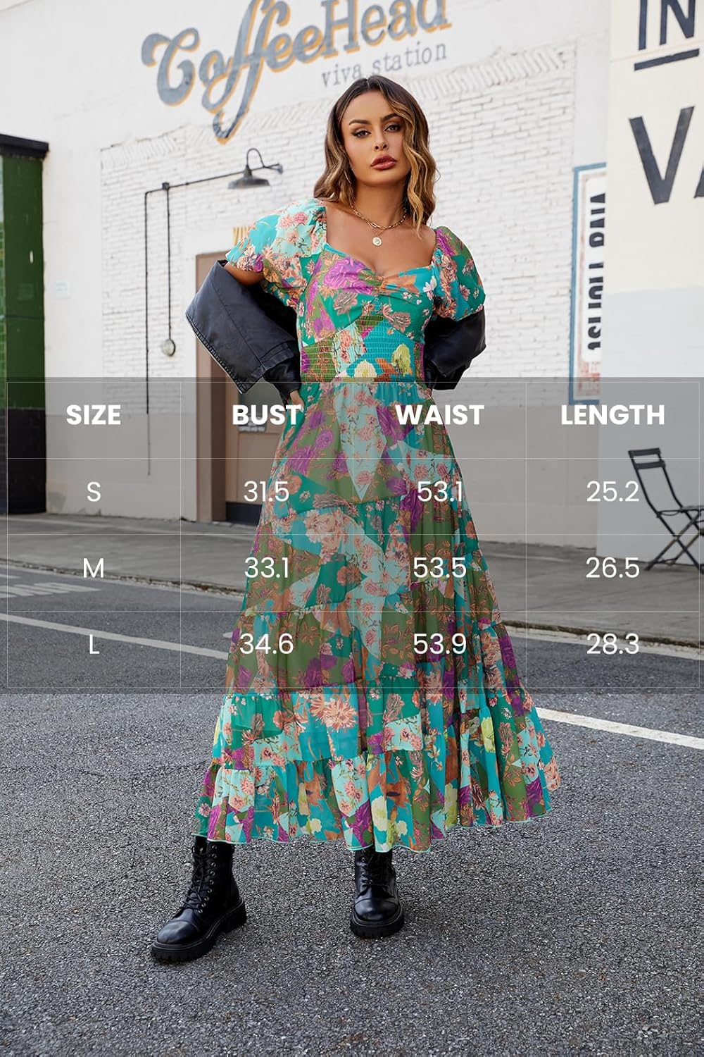 Women Floral Maxi Dress Short Puff Sleeve V Neck Bohemian Flowy Dress Smocked Casual Spring Summer Dresses