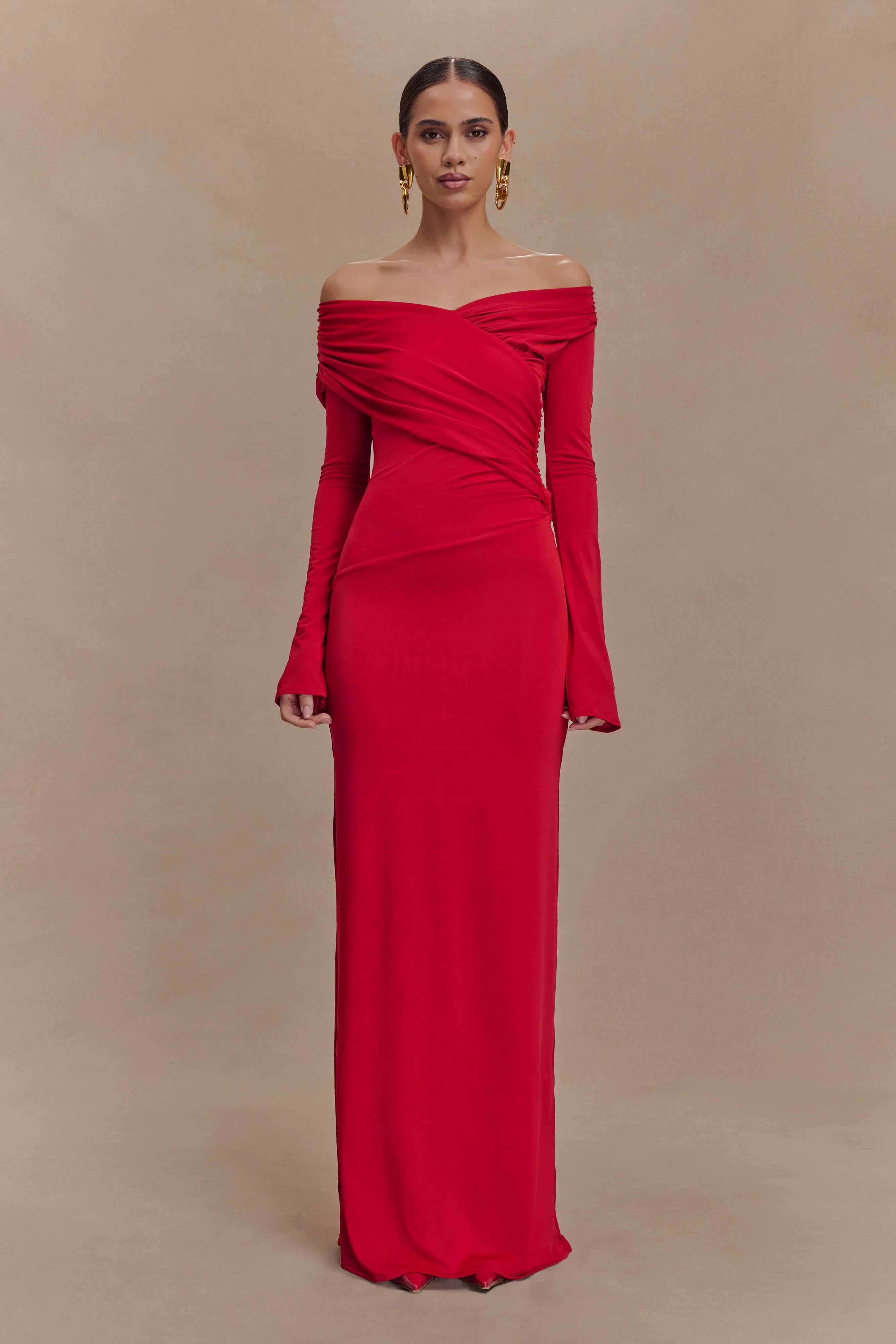 Therese Off Shoulder Ruched Maxi Dress Red