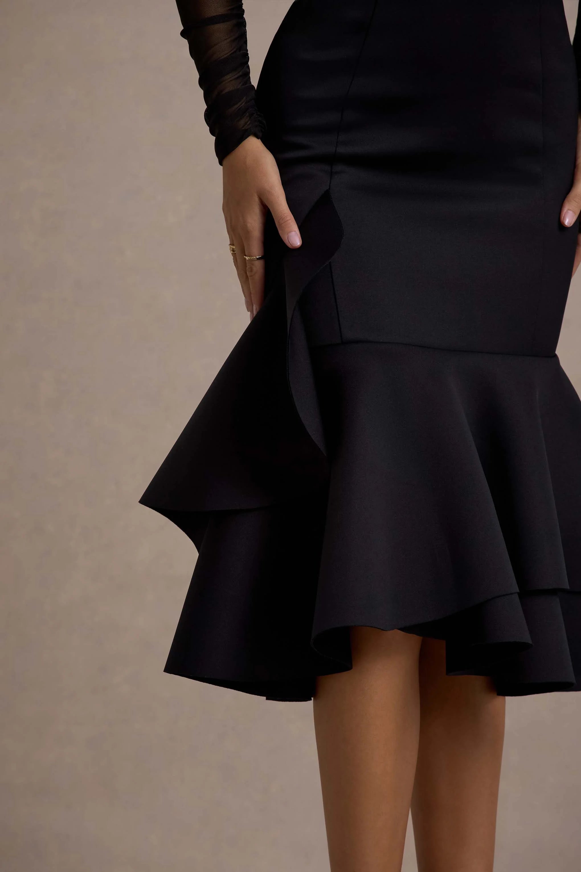 Sander Black Mesh Long Sleeve Ruffle Hem Midi Dress