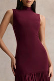 Gigi Burgundy High Neck Maxi Dress With Drop Waist And Sheer Skirt