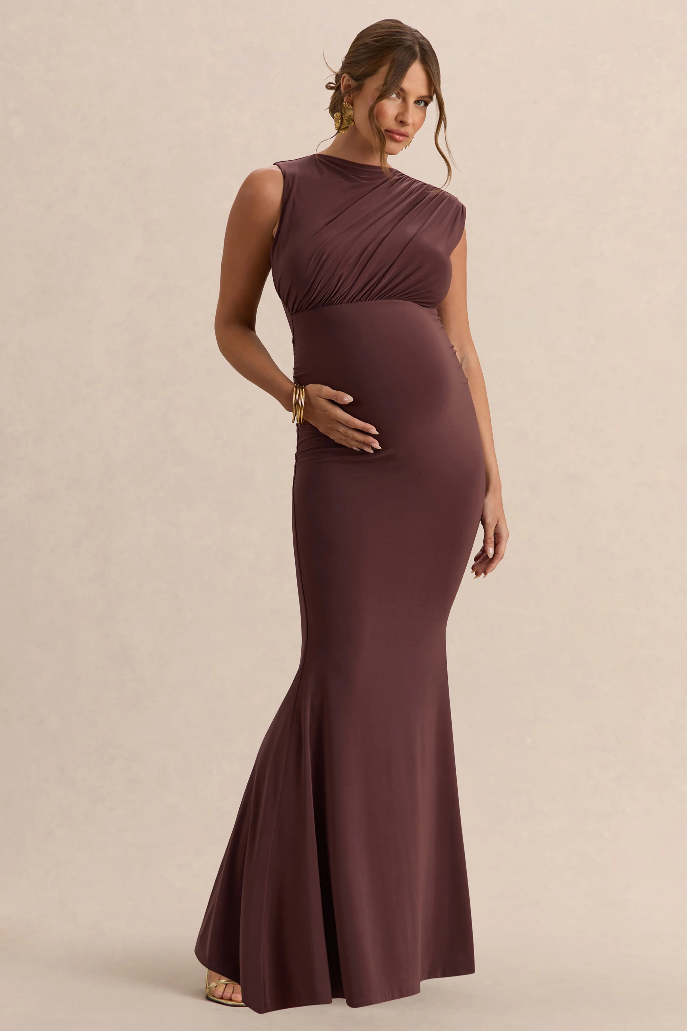 Osanna Dark Brown Wide Neck Maternity Maxi Dress With Ruched Detailing