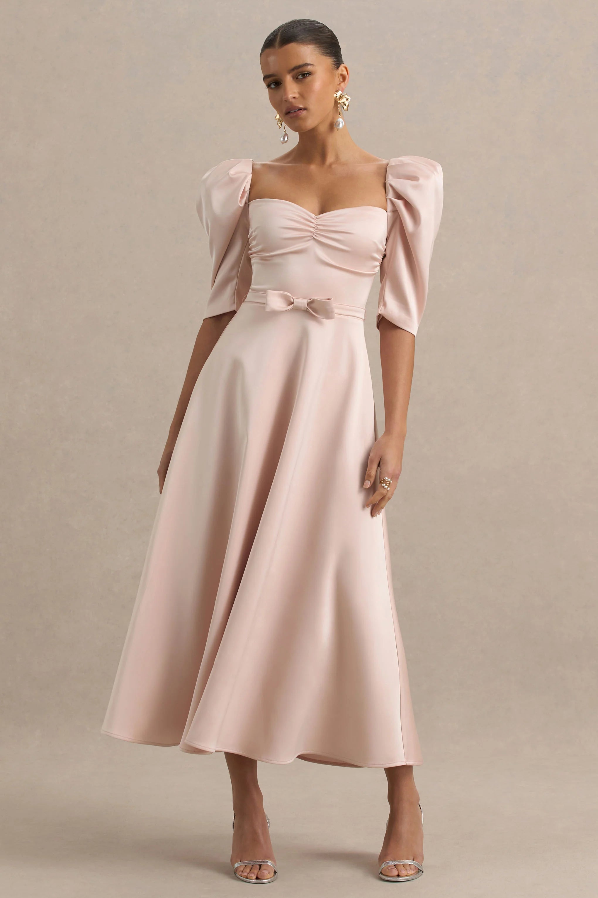 Rosey Pale Pink Satin Sweetheart Midi Dress
