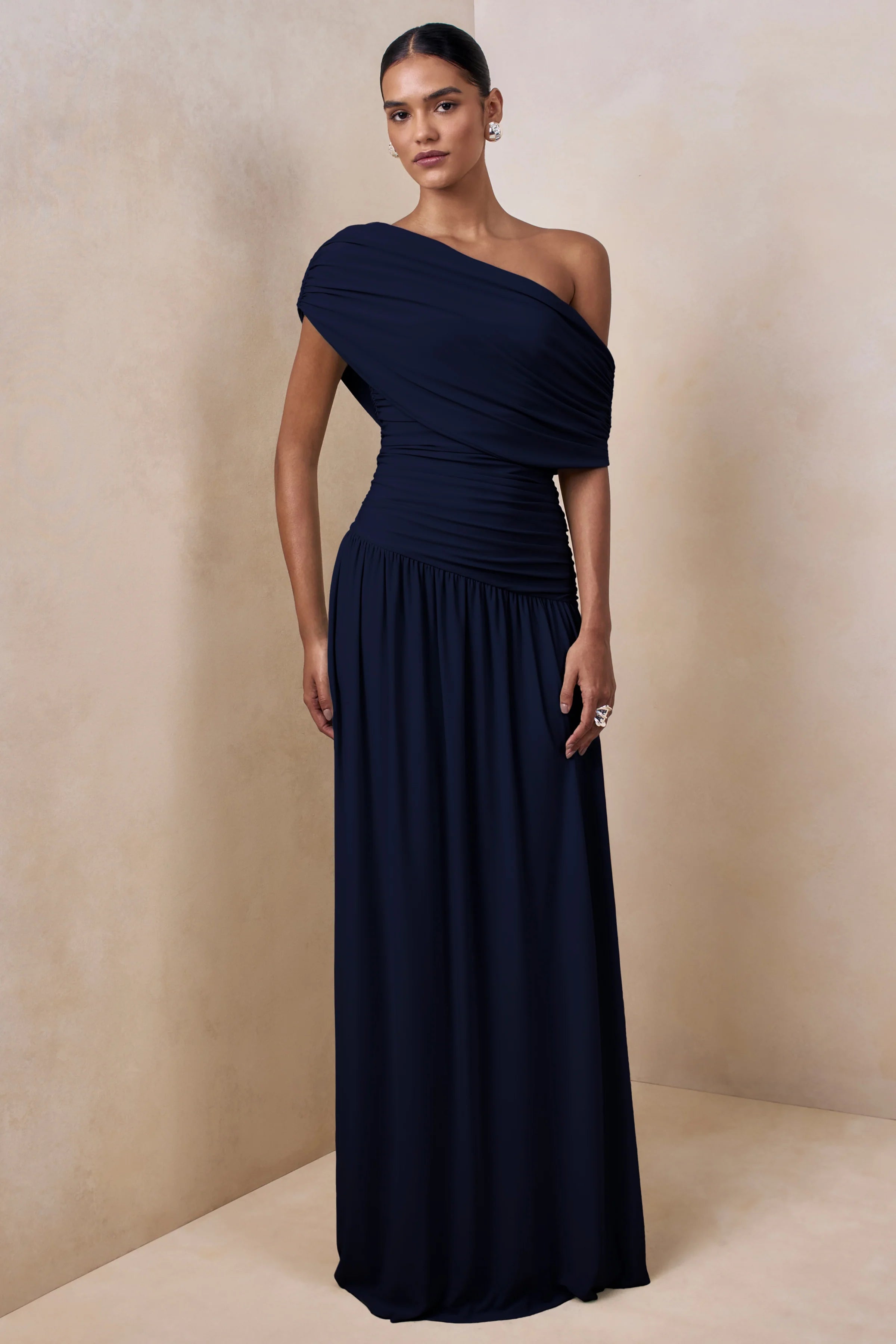 Emberly Navy Draped Asymmetric Neck Maxi Dress With Drop Waist