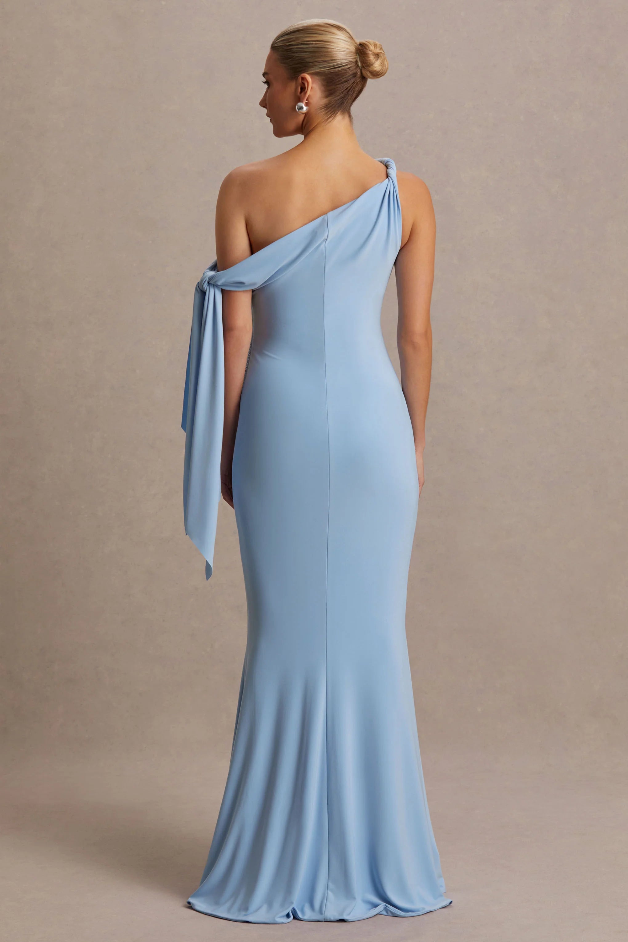 Orielle Powder Blue Asymmetric Neck Maternity Maxi Dress With Knot Sleeve And Sash