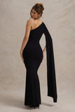 Elaina Black Asymmetric Knot Maxi Dress With Sash