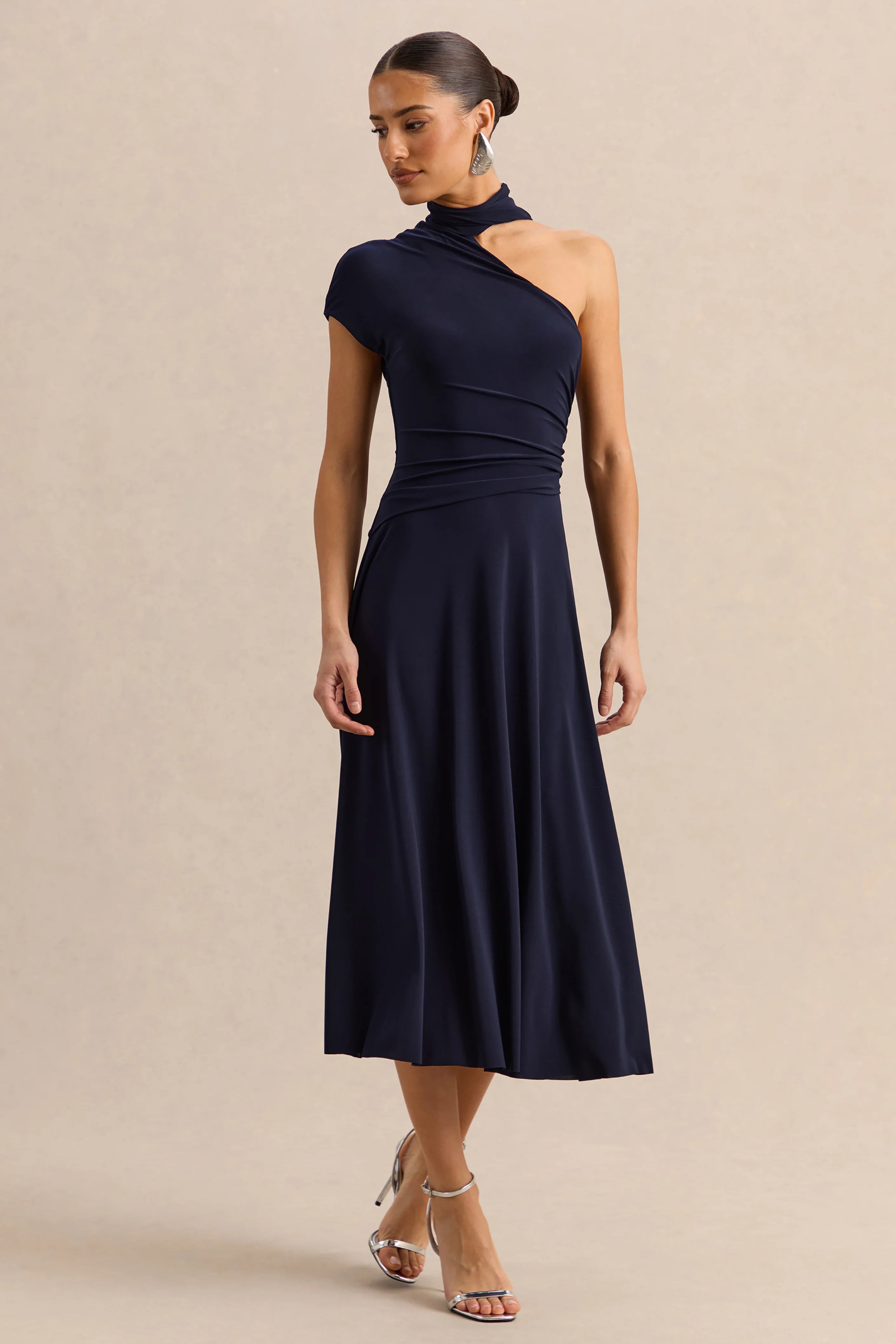 Lythara Navy Asymmetric Neck Midi Dress With Scarf Detail