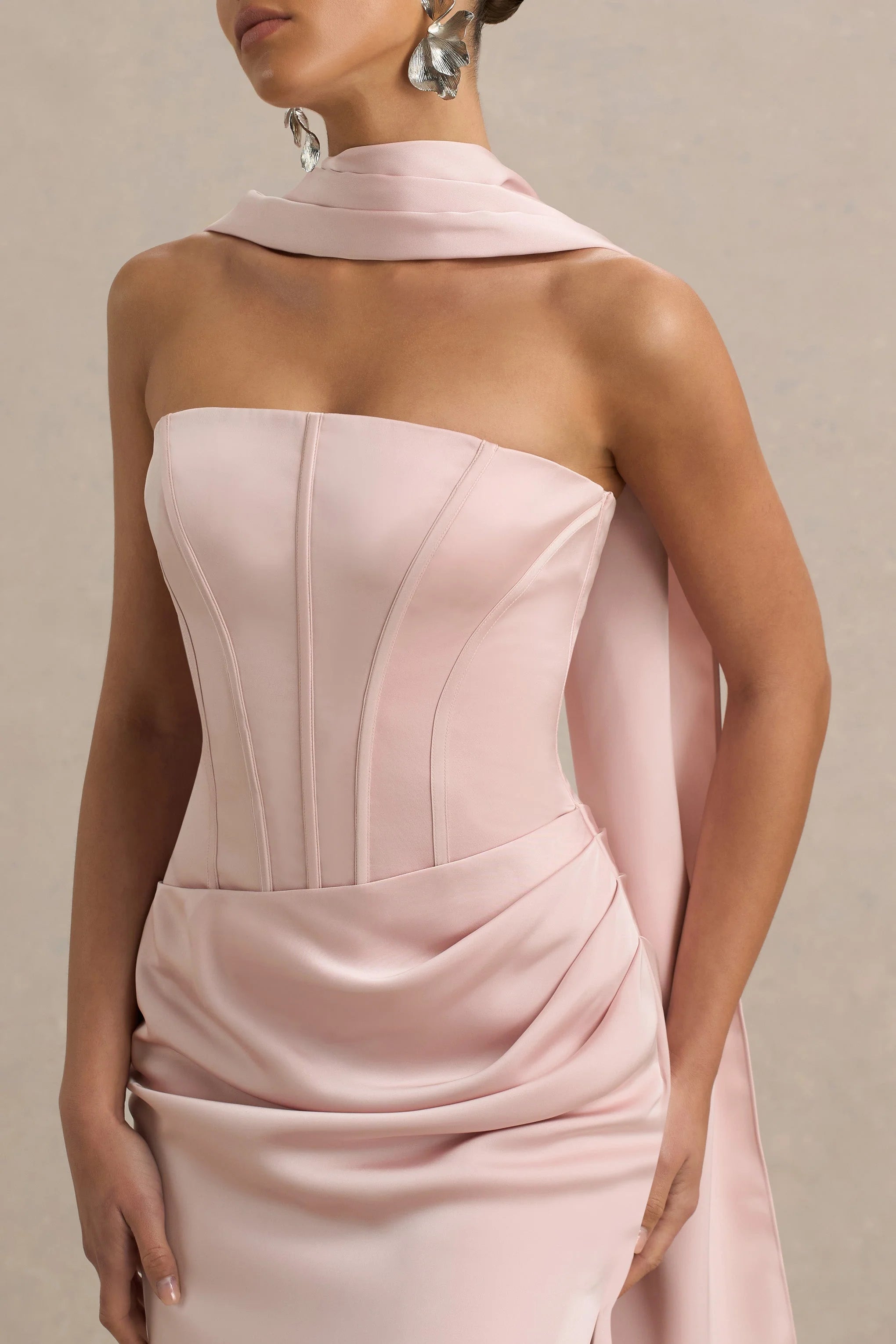 Joseline Pale Pink Satin Corset Wrap Maxi Dress With Scarf