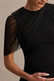 Amelise Black High Neck Maternity Maxi Dress With Mesh Cape Sleeve And Sash Detail
