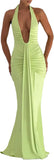 Women Deep V Neck Ruched Maxi Dress Sleeveless Halter Gown Cocktail Evening Formal Dresses