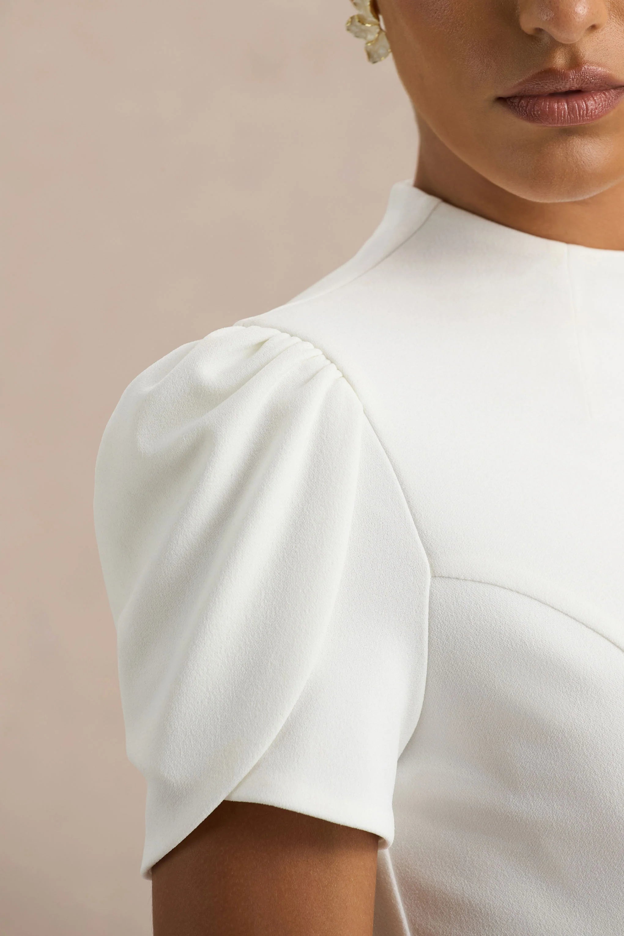 Vicky White High Neck Midi Dress With Puff Sleeves