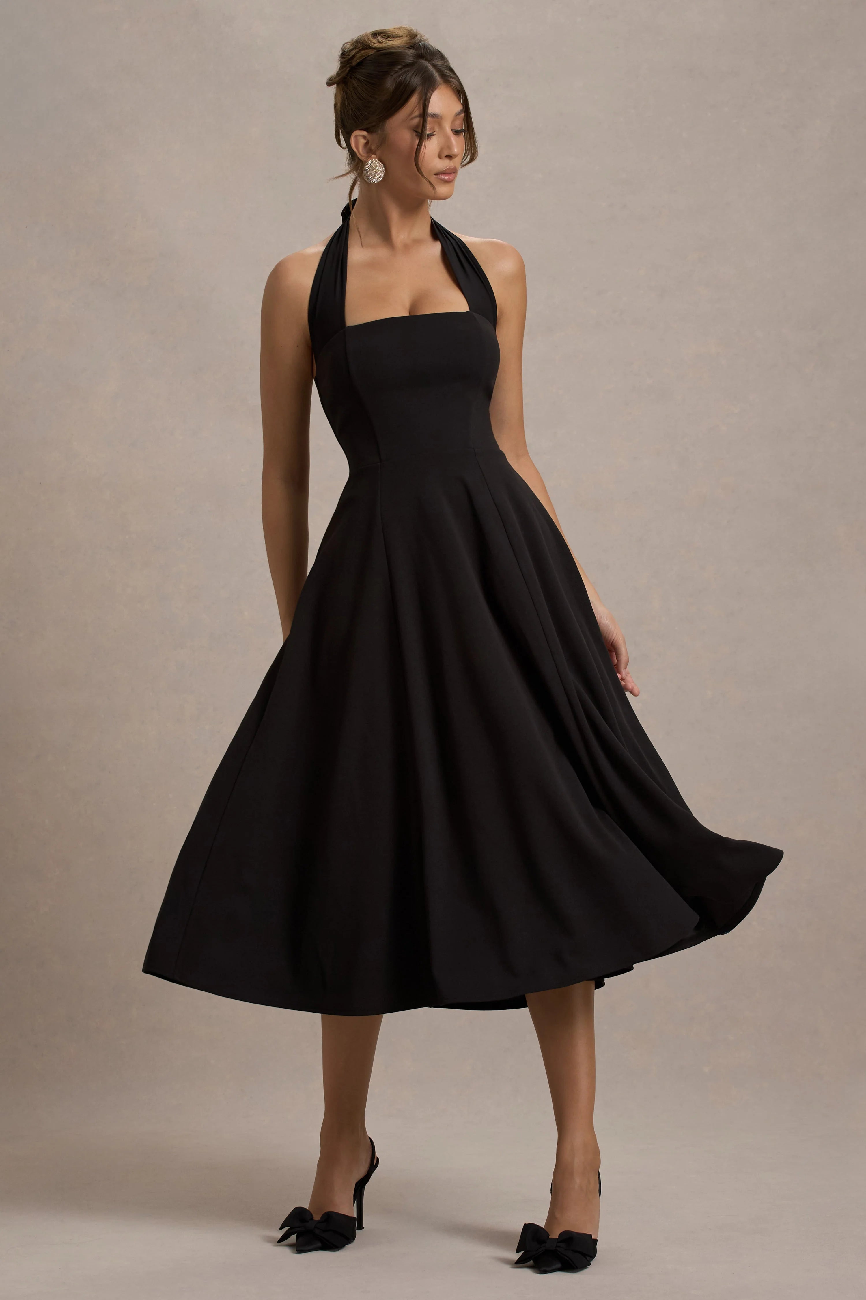 Auburn Black Halter Skater Midi Dress