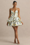 Flavia Lemon Floral Print Plunge Neck Ruffled Skater Micro Mini Dress