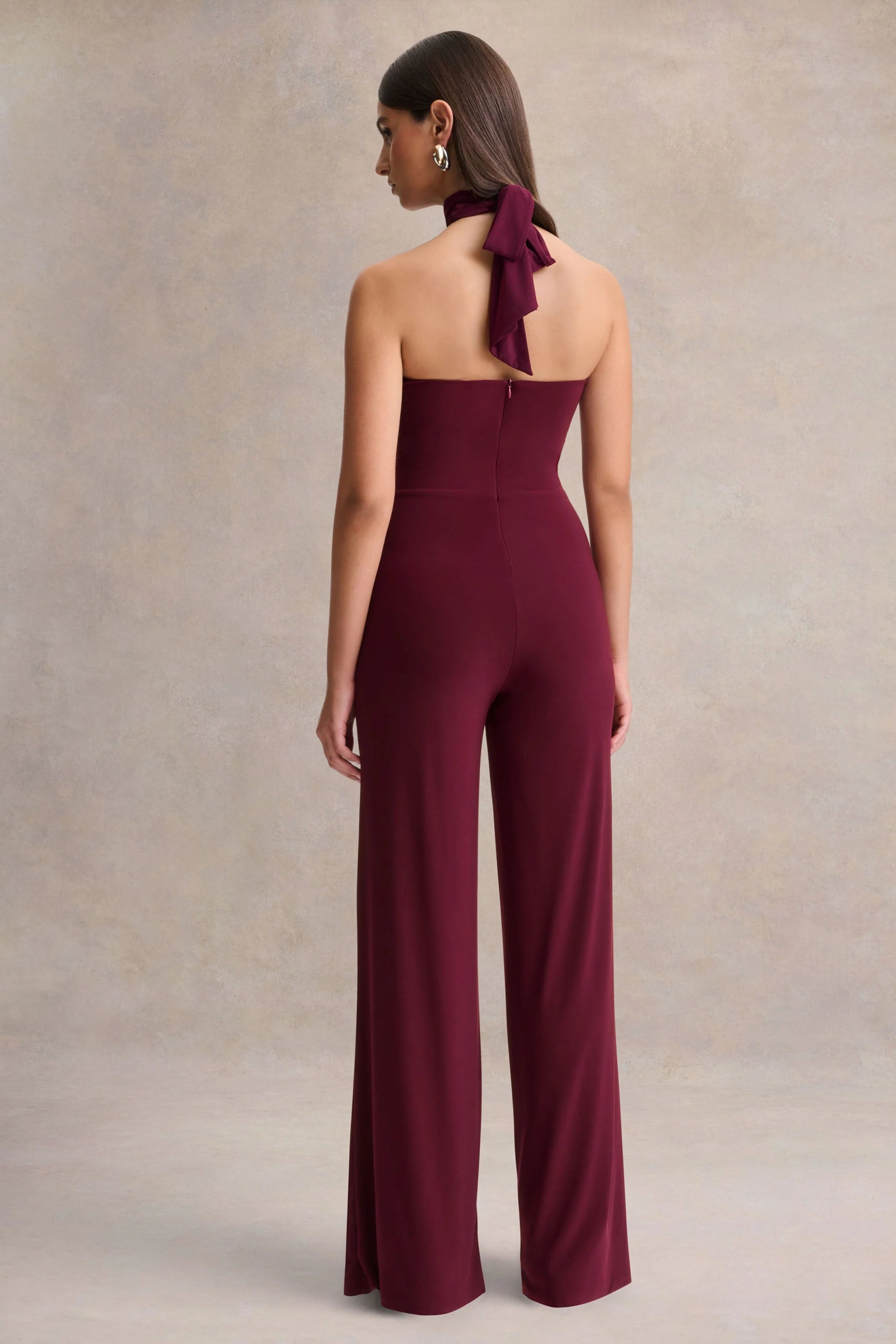 Gwen Burgundy High Neck Jumpsuit With Gold Detail