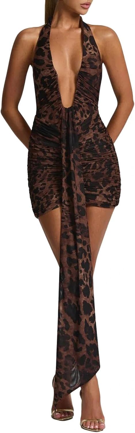 Women Deep V Neck Ruched Mini Dresses Backless Halter Dress Party Club Night