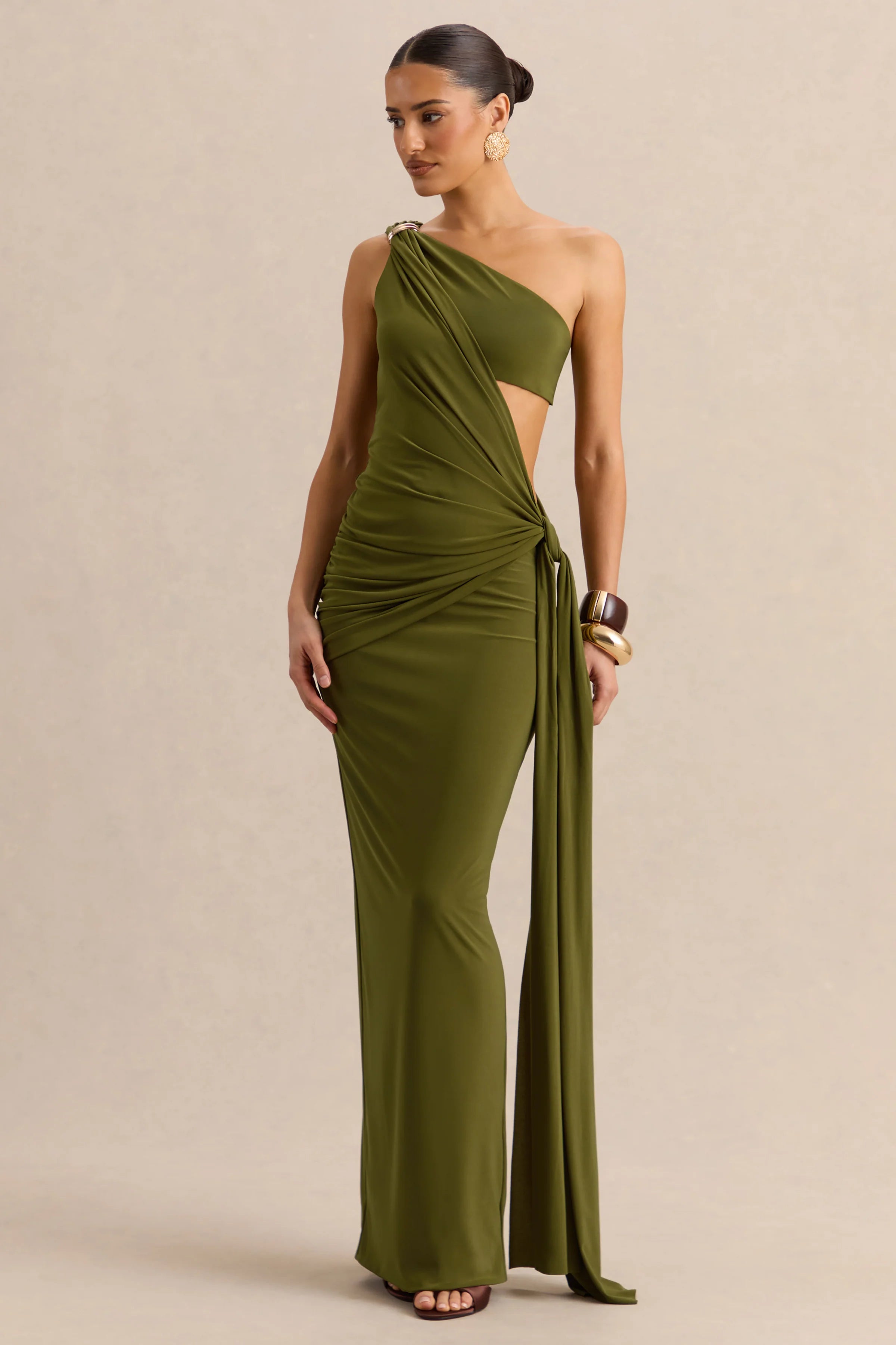 Clarosia Green Asymmetric Neck Maxi Dress With Cut Out With Sash
