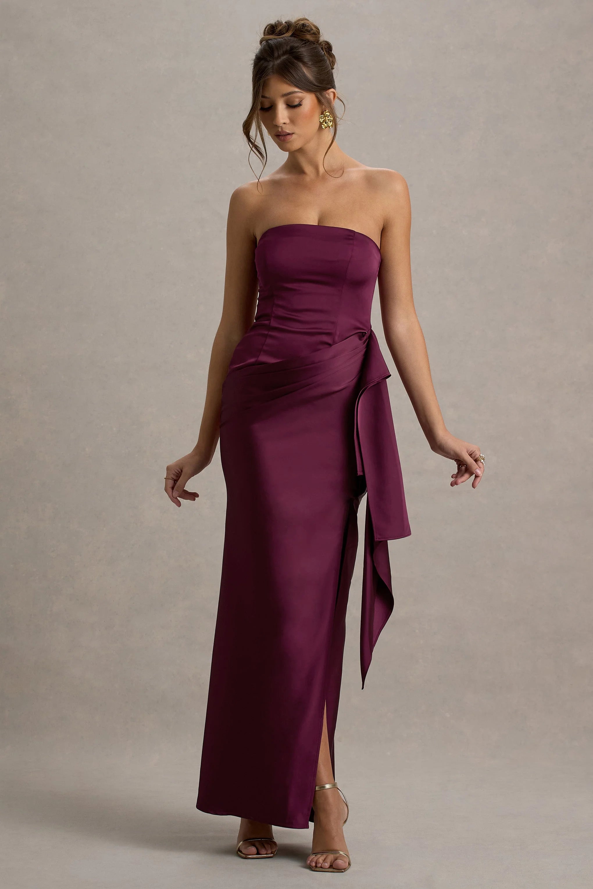 Loz Burgundy Satin Bandeau Draped Maxi Dress