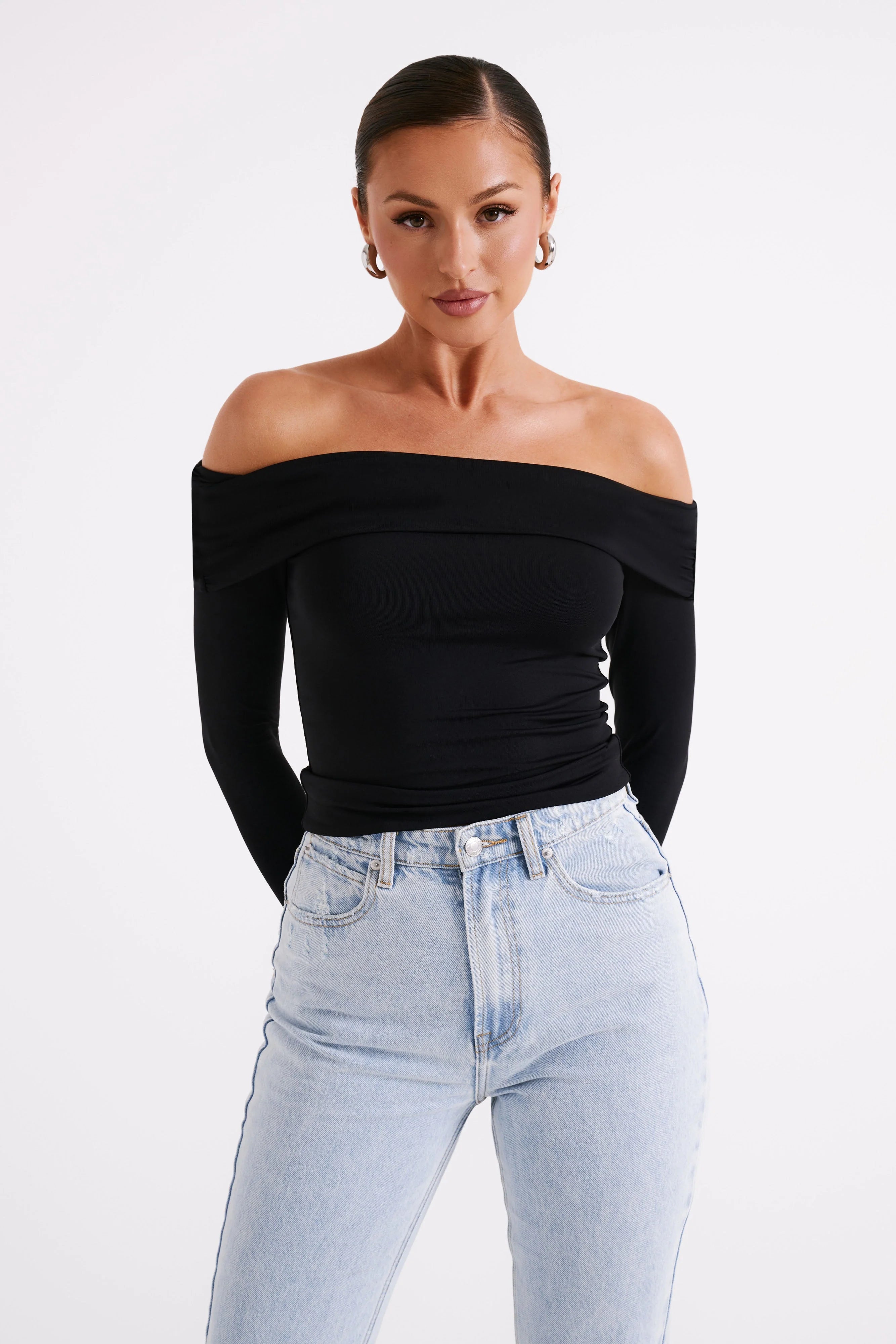 Lucinda Recycled Nylon Off Shoulder Top Black