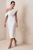 Farvera White Lace Draped Asymmetric Neck Midi Dress