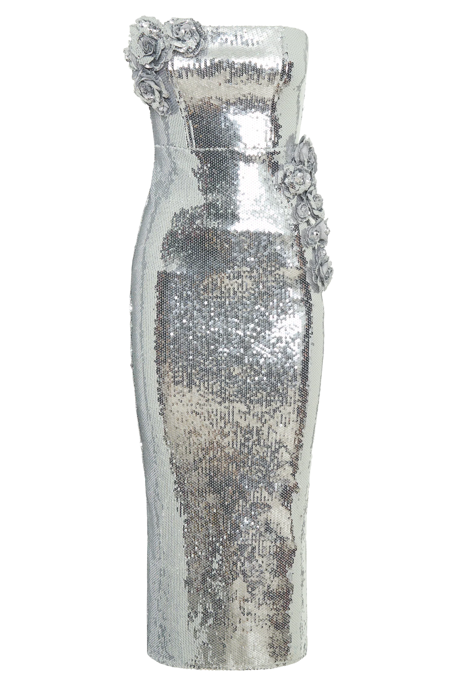 Cassia Strapless Sequin Rose Midi Dress Silver