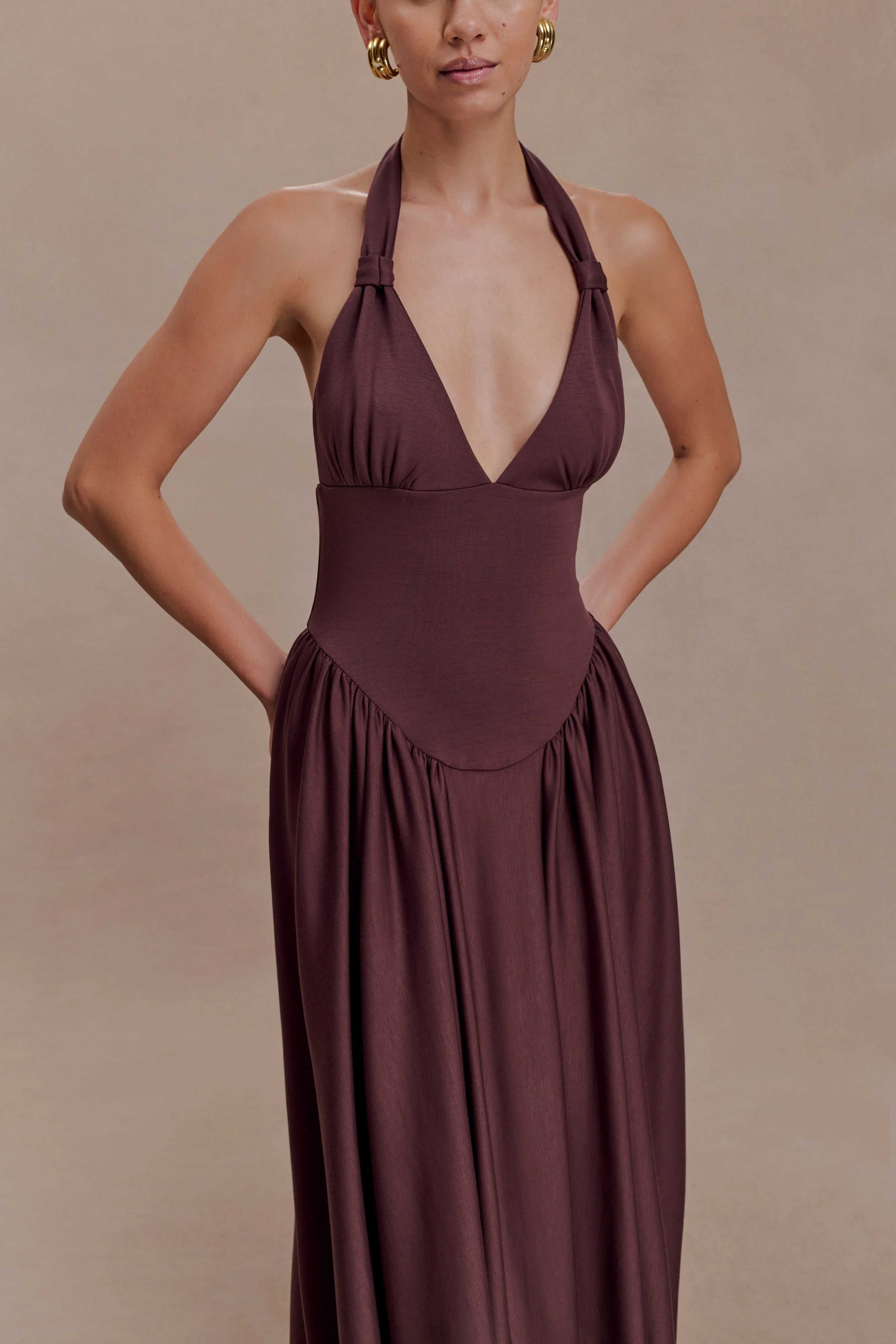 Angelina Scuba Halter Midi Dress Chocolate
