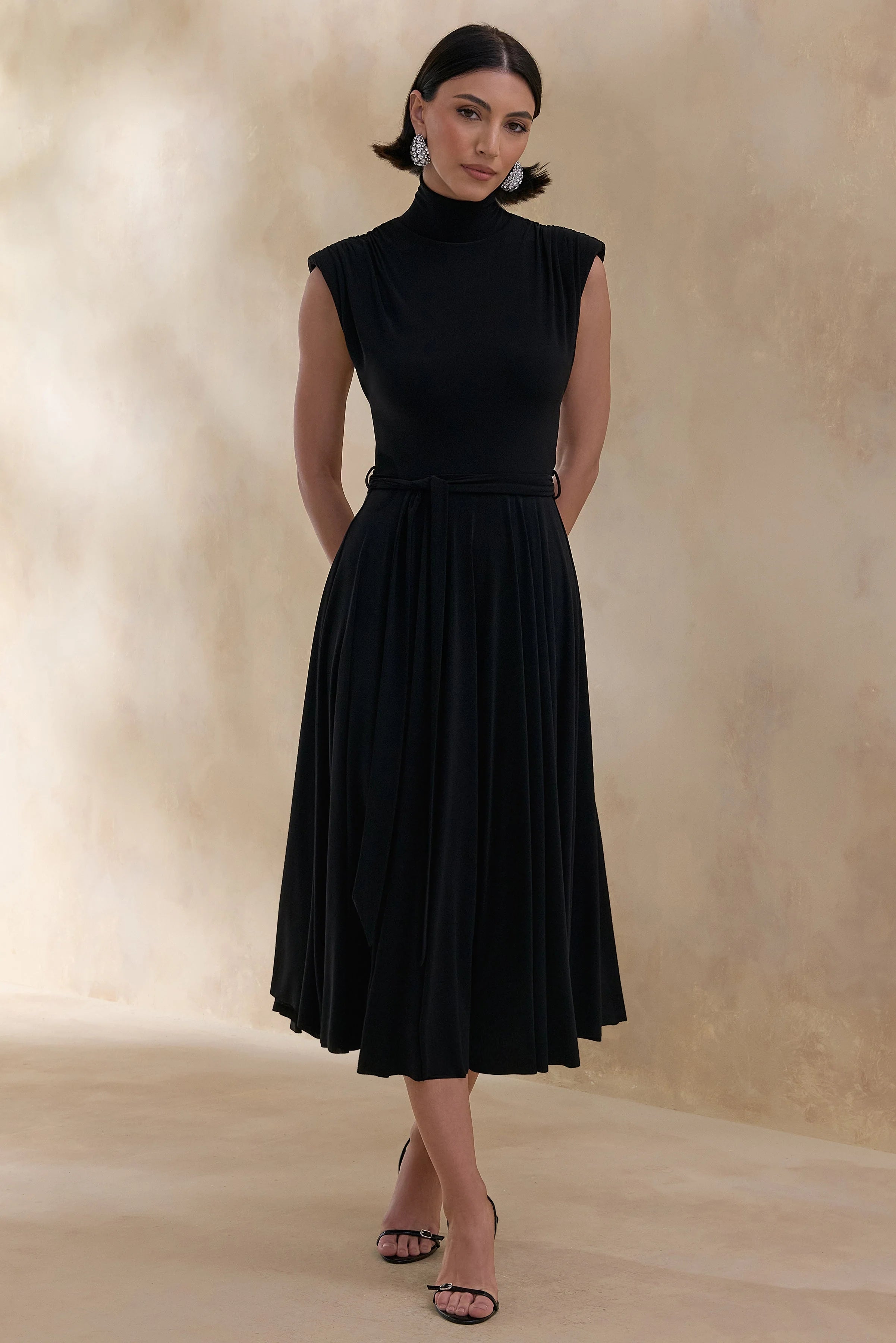 Roselena Black High Neck Midi Dress