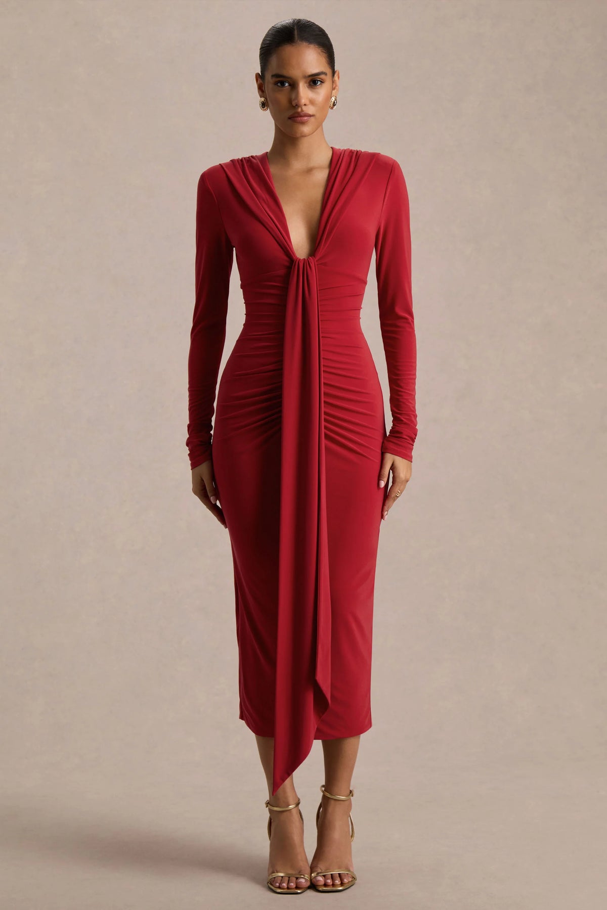 Ivara Red Plunge Neck Maxi Dress With Ruched Detailing And Sash