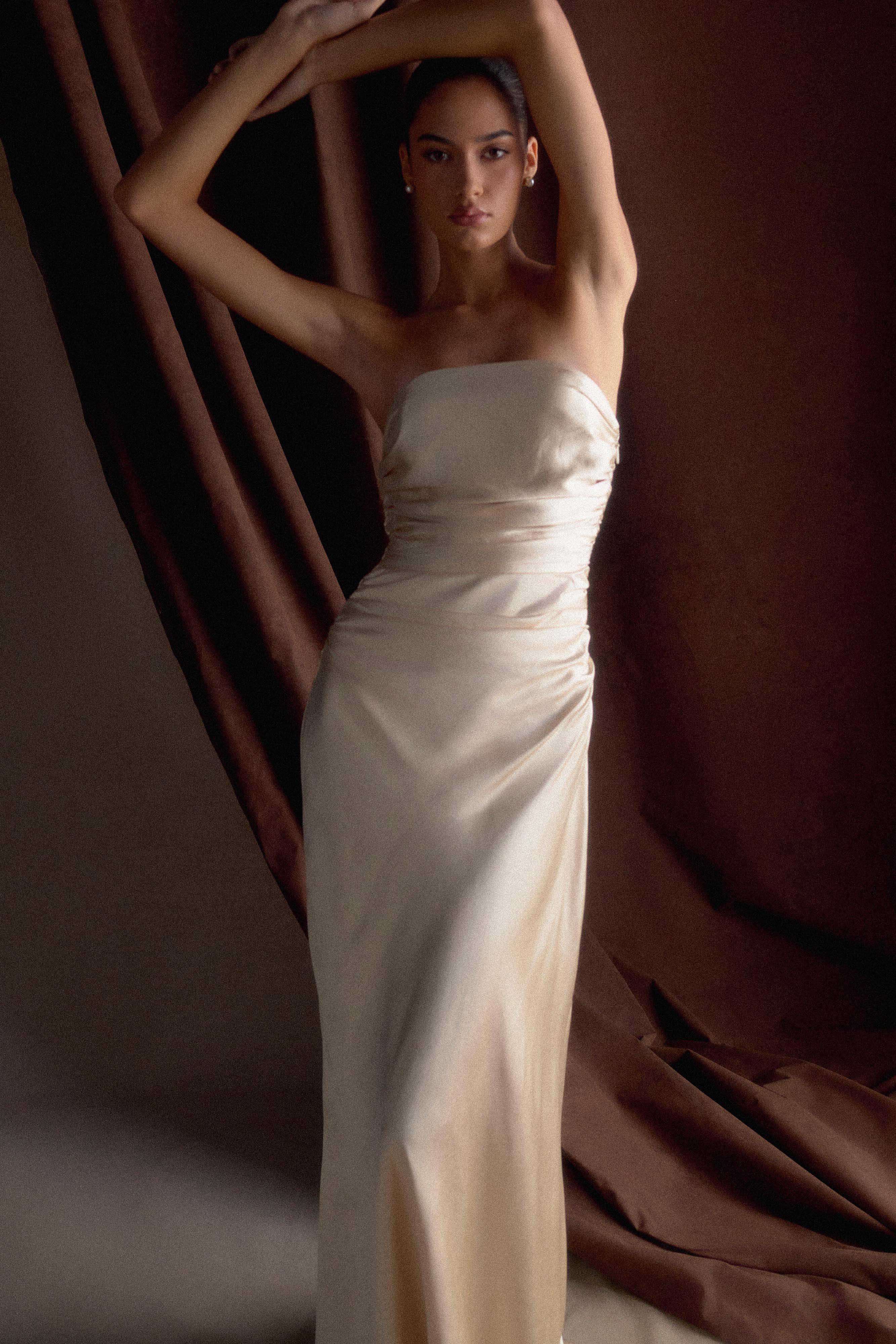 Cedar Strapless Satin Maxi Dress Blush Gold