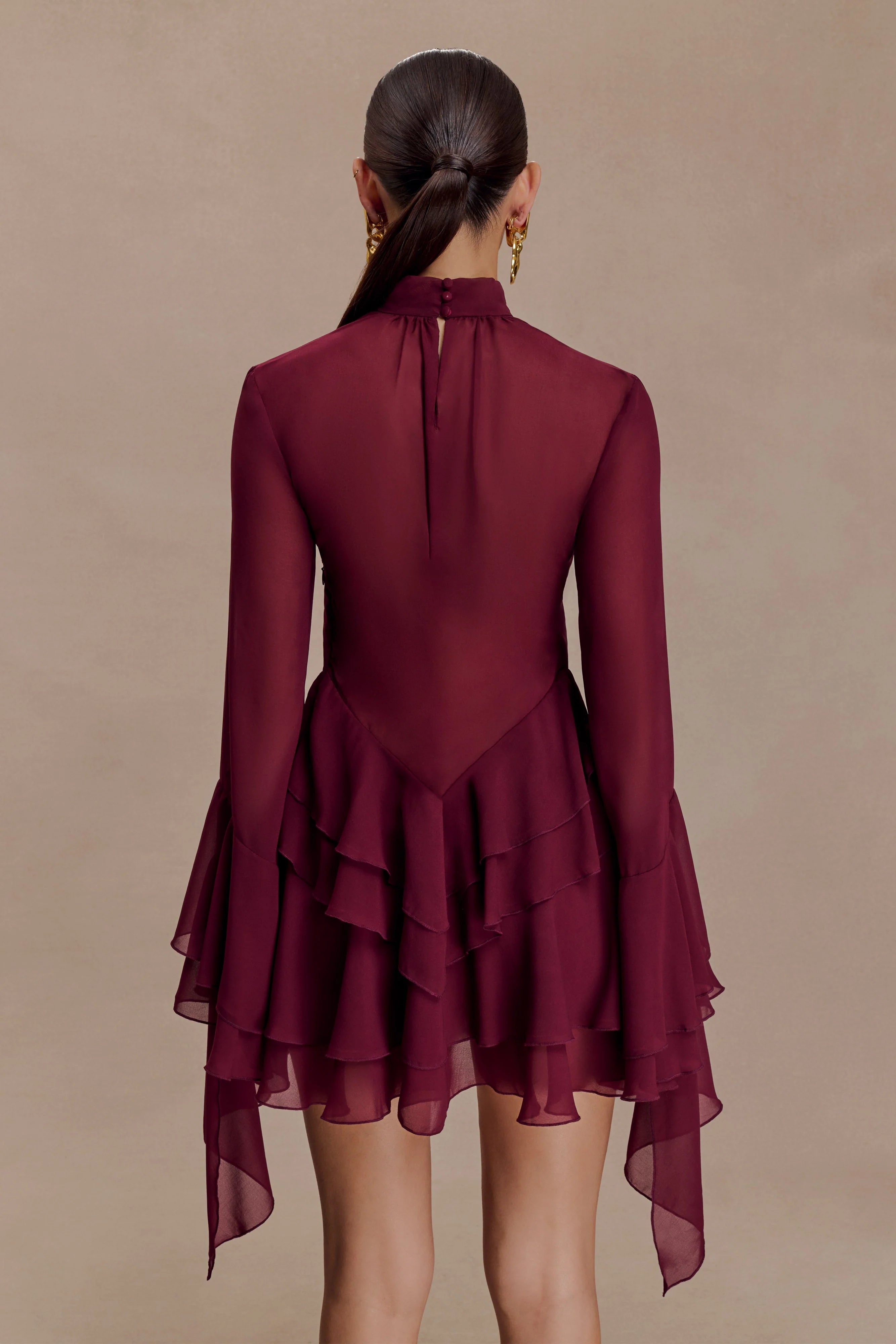 Nimah Chiffon Ruffle Mini Dress Wine
