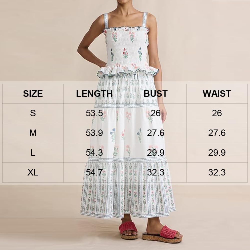 Women Floral Maxi Dress Sleeveless Smocked Ruffle Flowy Boho Sundress with Pockets Summer Vacation