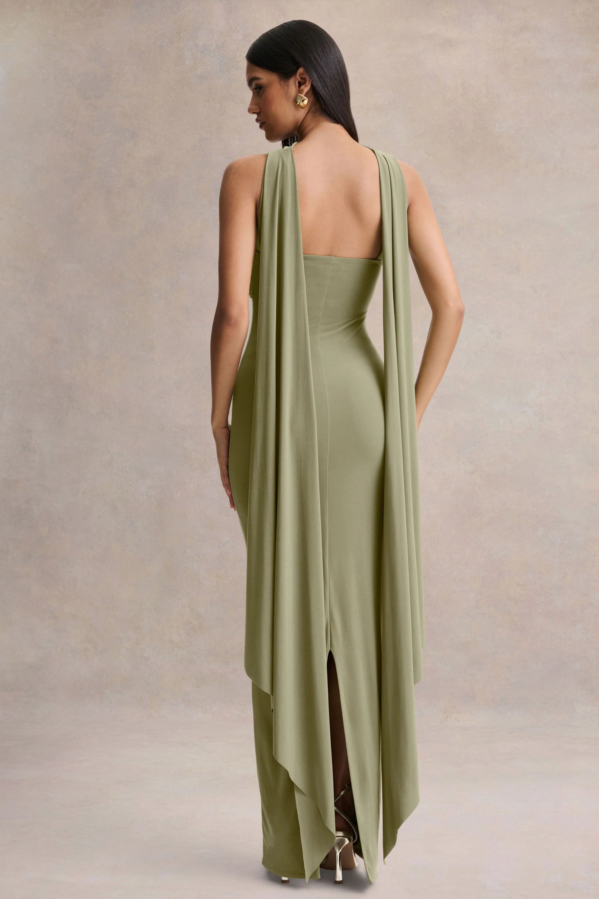 Sheila Olive Bandeau Maxi Dress With Scarf Detail