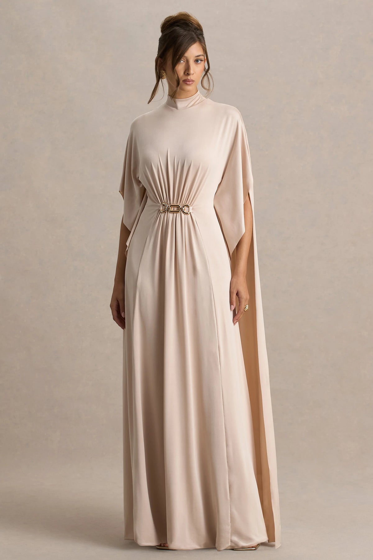 Olessia Champagne Belted Gathered Cape Sleeve Maxi Dress