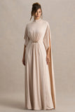 Olessia Champagne Belted Gathered Cape Sleeve Maxi Dress