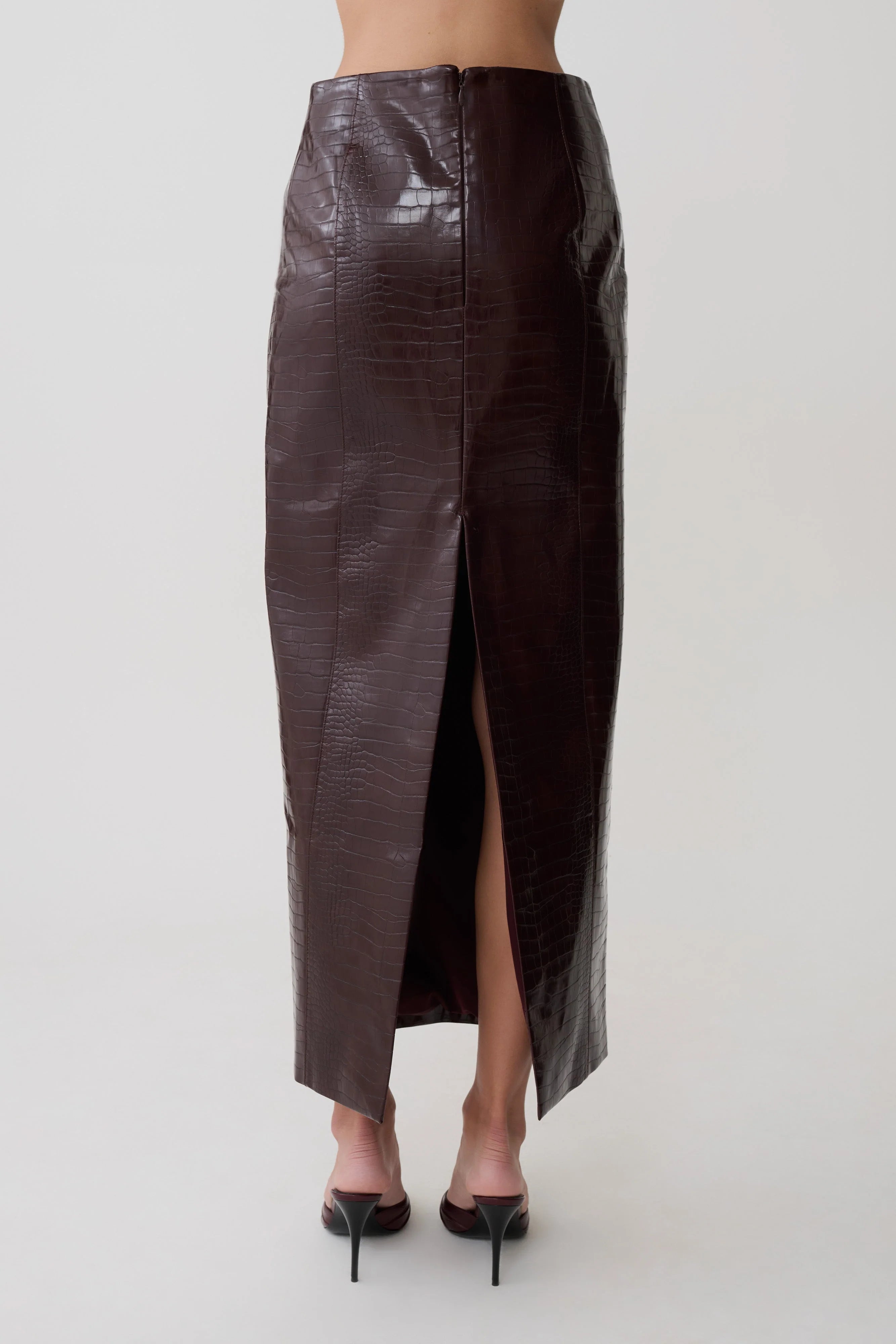 Thalia Croc Faux Leather Midi Skirt Merlot
