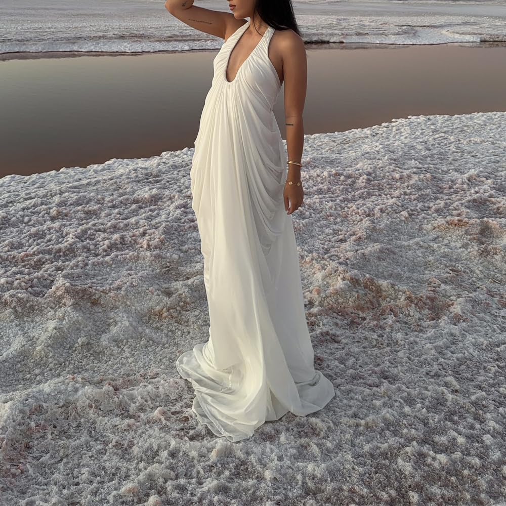 Women White Dress Halter Deep V Neck Cascade Drape Floor Length Gown Wedding Guest Beach Vacation