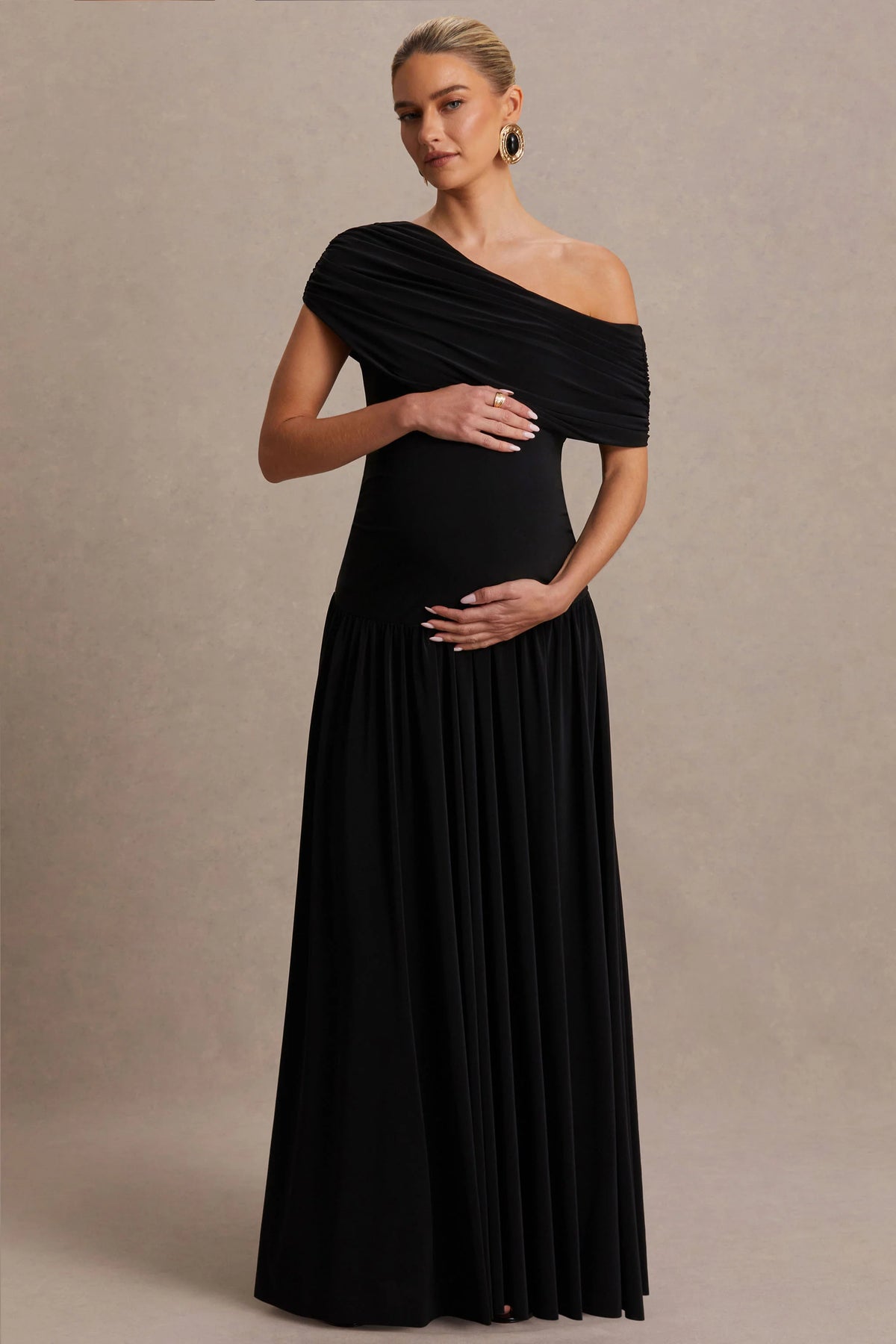 Noah Black Asymmetric Neck Maternity Maxi Dress With Drop Waist