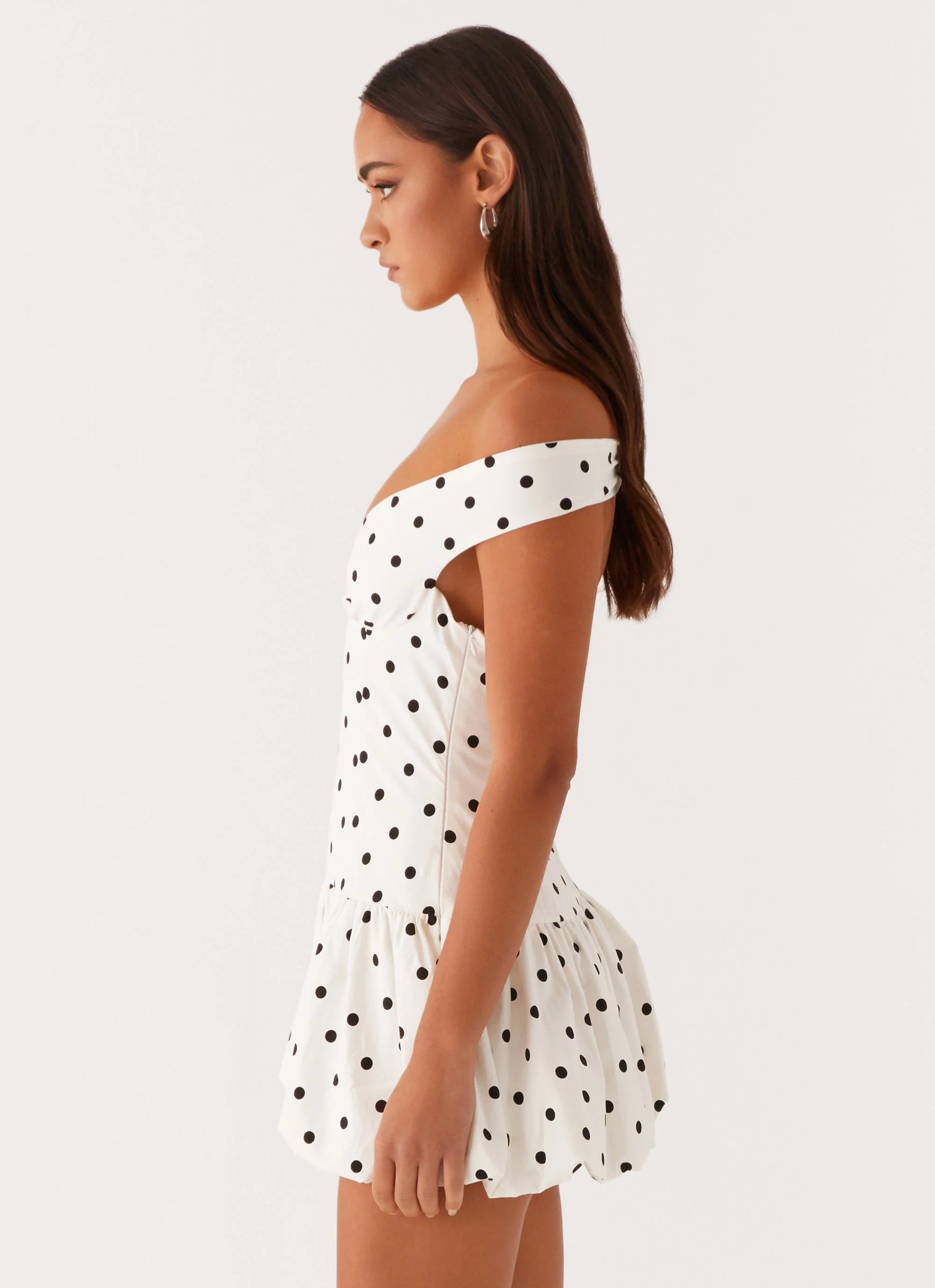 Endless Romance Off Shoulder Mini Dress White Polka Dot