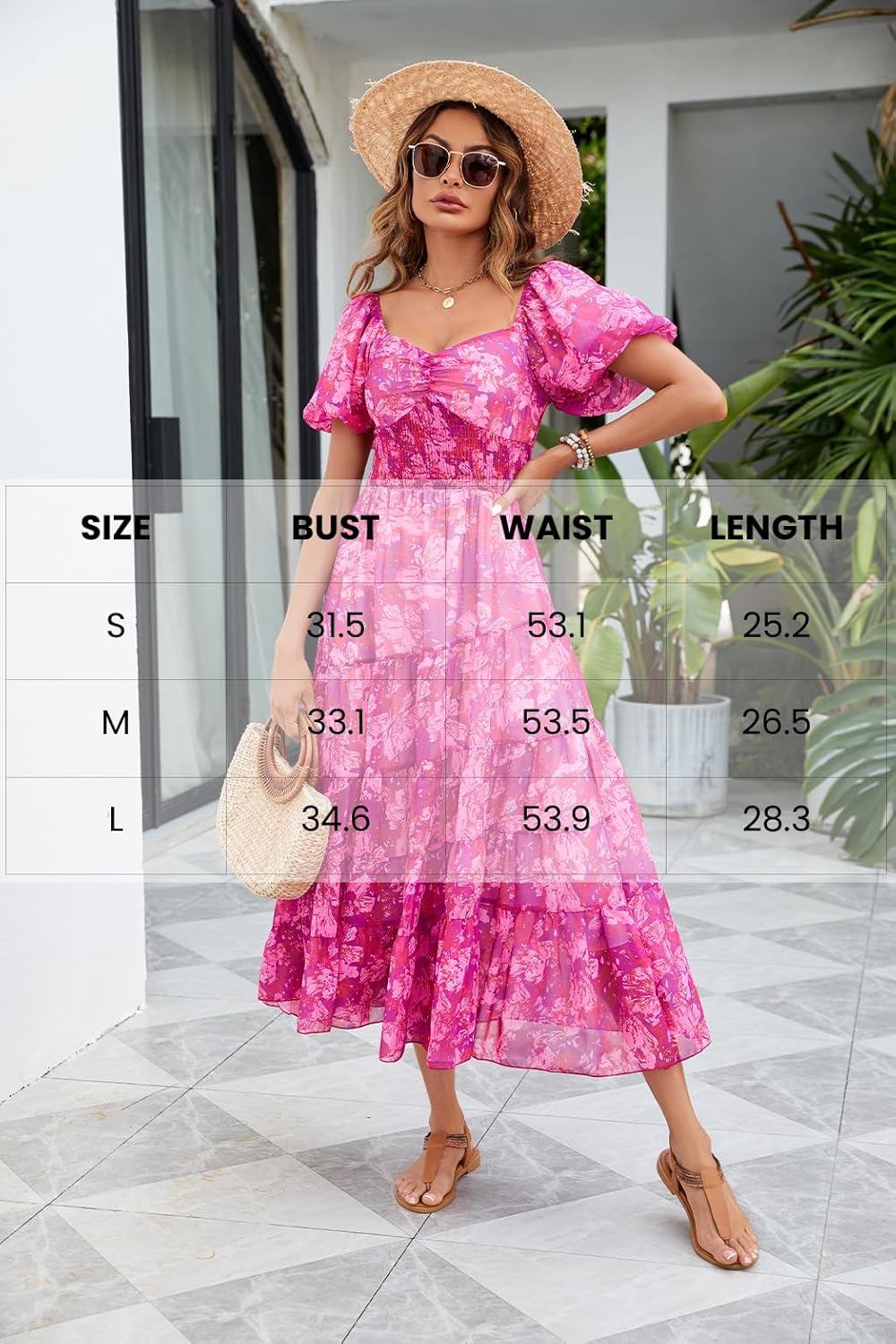 Women Floral Maxi Dress Short Puff Sleeve V Neck Bohemian Flowy Dress Smocked Casual Spring Summer Dresses